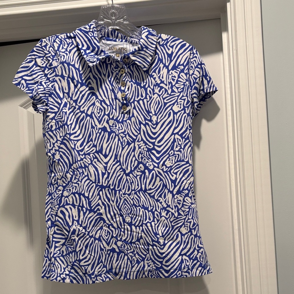 Lilly Pulitzer Blue and White Zebra Print Women's Polo